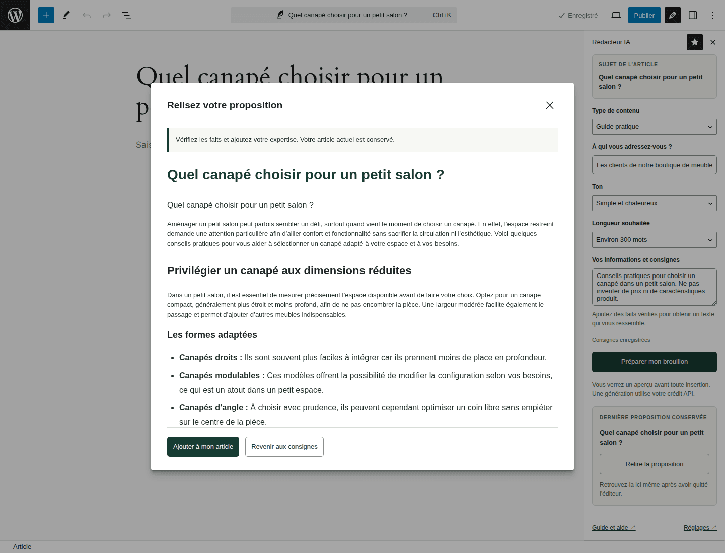 Aperçu d’un texte généré, avec les boutons pour l’ajouter ou revenir aux consignes