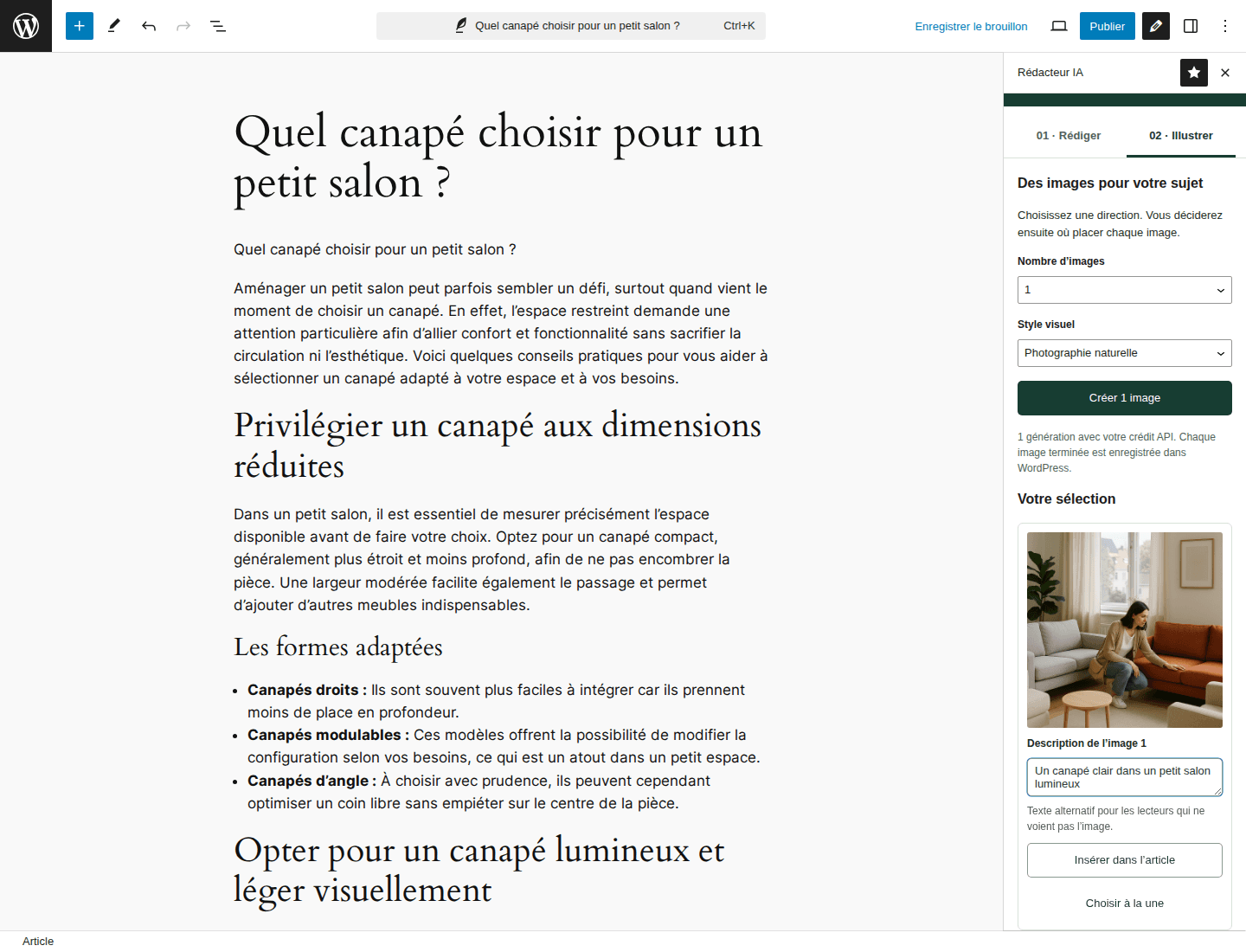 Galerie du plugin avec une image générée et les actions pour l’insérer ou la choisir à la une