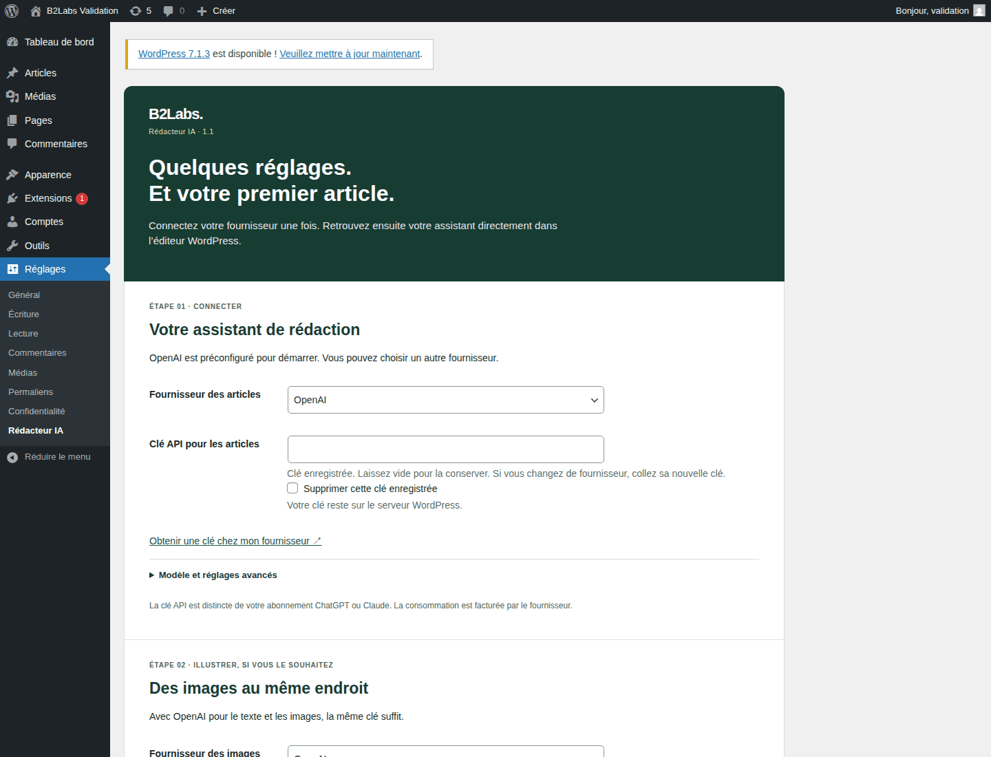 Réglages guidés B2Labs : choix du fournisseur et ajout de la clé API