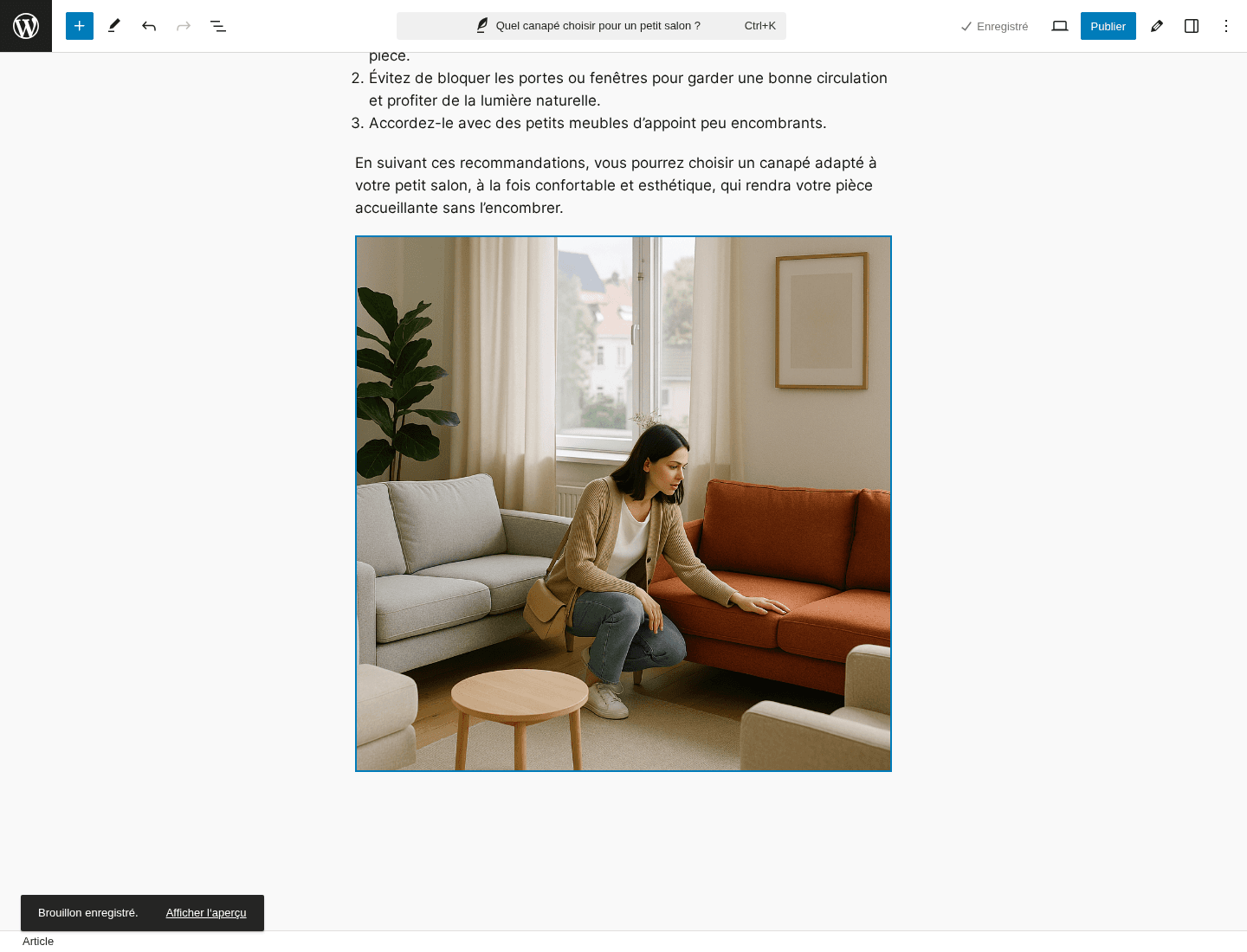 Article enregistré en brouillon avec son texte et son image, avant publication