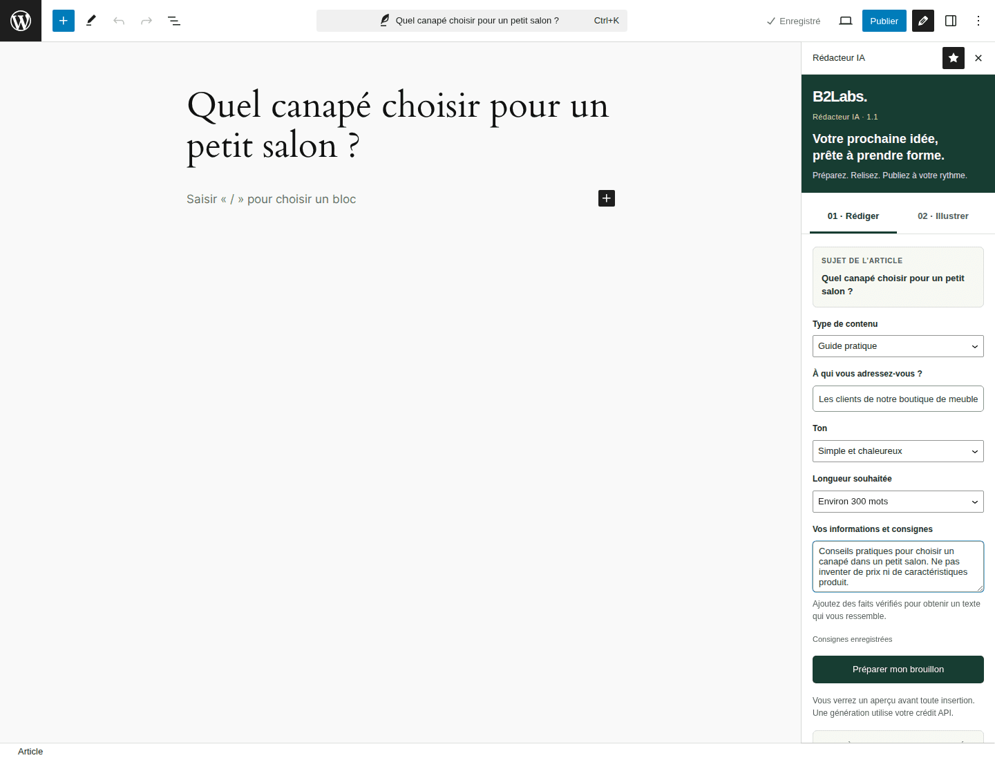 Version 1.1 du panneau B2Labs avec les choix de public, ton, longueur et consignes pour un article sur les canapés